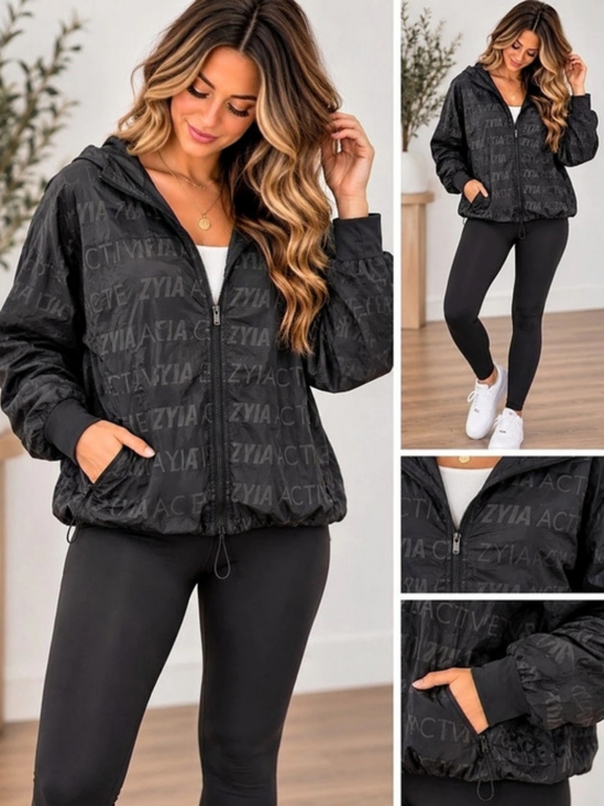 Zyia Active Jackets & Blazers - Zyia Active Black Logo Print Windbreaker Hooded Jacket Black XXL